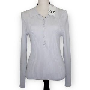 Zara NWT Womens XL Ribbed Knit Long Sleeves Top Off White Stretch 10 Snap Front